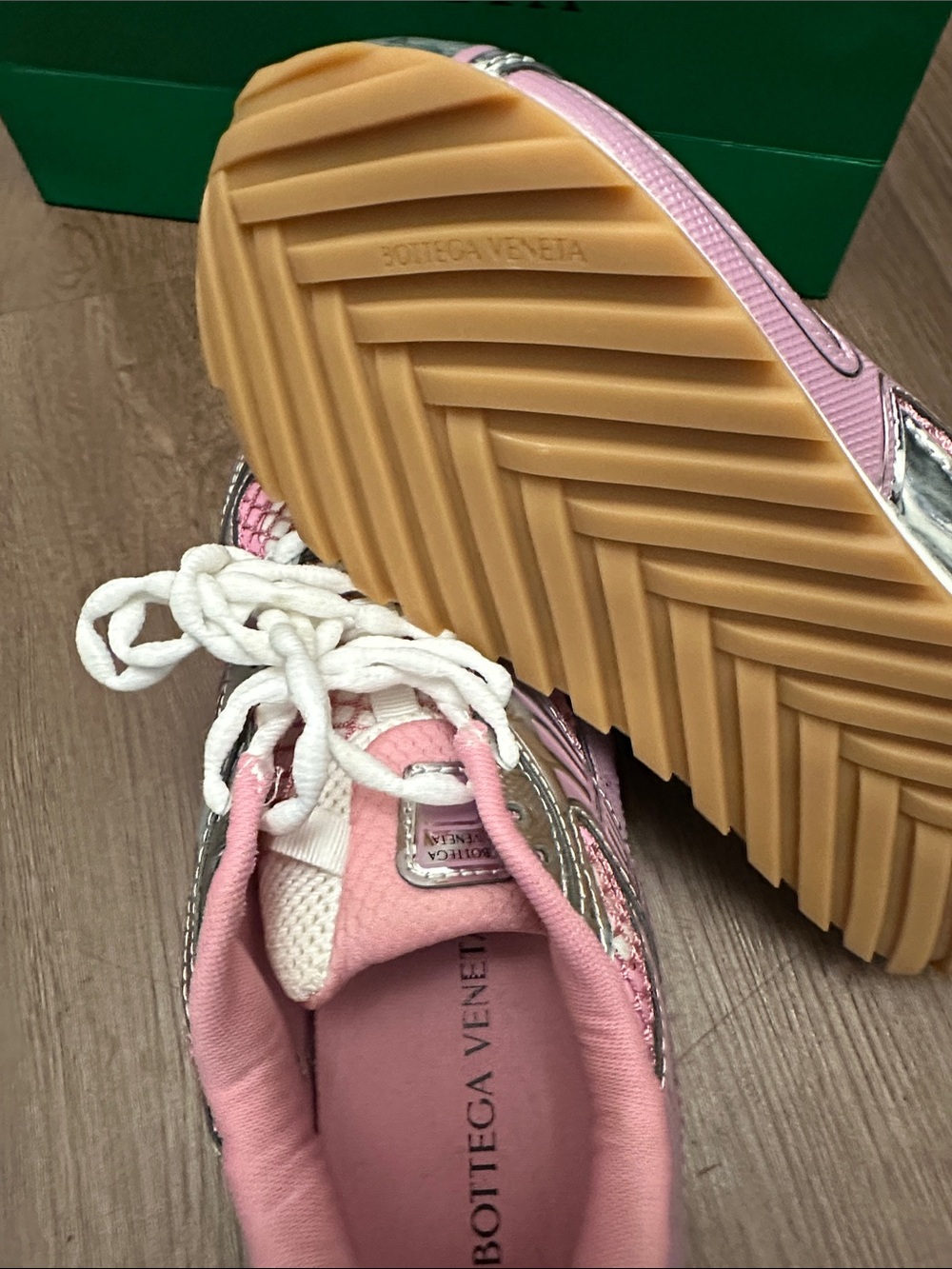Bottega Veneta Pink Mesh Sneakers with Silver Trim - Picture 4 of 5